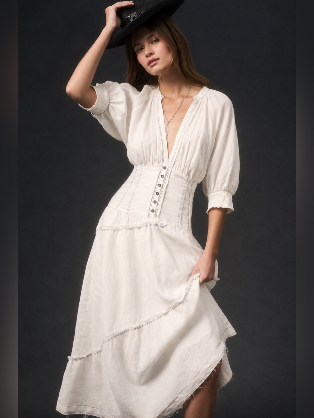 Anthropologie V-neck corset midi shirt dress white puff sleeve boho feminine XS